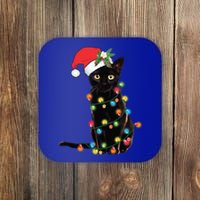 Black Cat Santa Tangled Up In Christmas Lights Gift Coaster