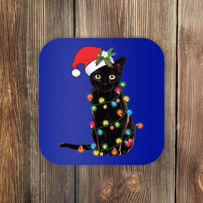 Black Cat Santa Tangled Up In Christmas Lights Gift Coaster