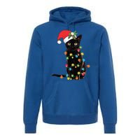 Black Cat Santa Tangled Up In Christmas Lights Gift Premium Hoodie