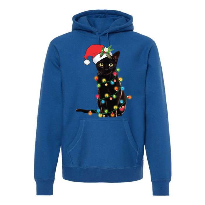 Black Cat Santa Tangled Up In Christmas Lights Gift Premium Hoodie