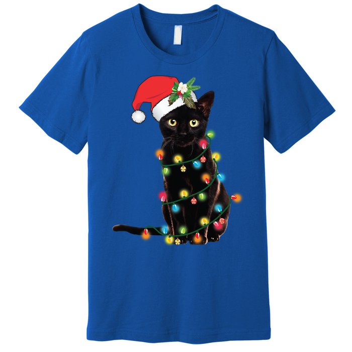 Black Cat Santa Tangled Up In Christmas Lights Gift Premium T-Shirt