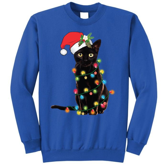 Black Cat Santa Tangled Up In Christmas Lights Gift Tall Sweatshirt