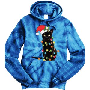 Black Cat Santa Tangled Up In Christmas Lights Gift Tie Dye Hoodie