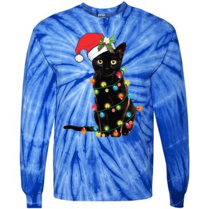 Black Cat Santa Tangled Up In Christmas Lights Gift Tie-Dye Long Sleeve Shirt