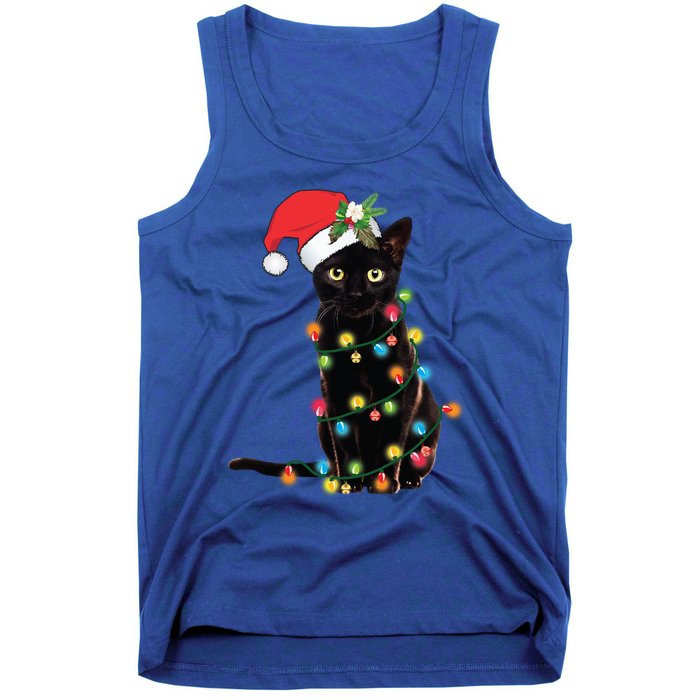 Black Cat Santa Tangled Up In Christmas Lights Gift Tank Top