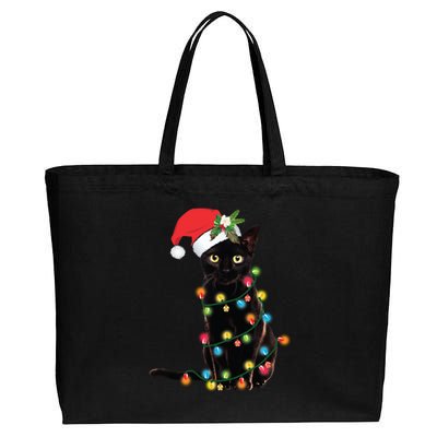 Black Cat Santa Tangled Up In Christmas Lights Gift Cotton Canvas Jumbo Tote