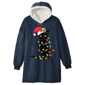 Black Cat Santa Tangled Up In Christmas Lights Gift Hooded Wearable Blanket