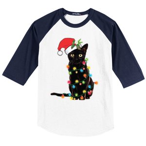 Black Cat Santa Tangled Up In Christmas Lights Gift Baseball Sleeve Shirt