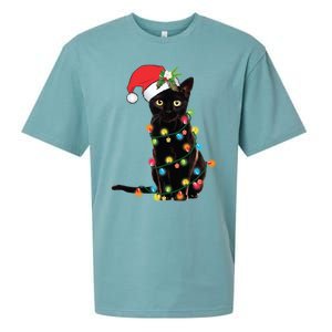 Black Cat Santa Tangled Up In Christmas Lights Gift Sueded Cloud Jersey T-Shirt