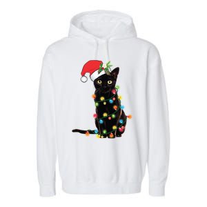 Black Cat Santa Tangled Up In Christmas Lights Gift Garment-Dyed Fleece Hoodie