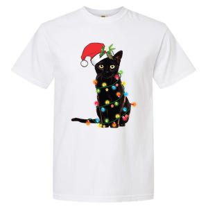 Black Cat Santa Tangled Up In Christmas Lights Gift Garment-Dyed Heavyweight T-Shirt