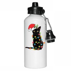 Black Cat Santa Tangled Up In Christmas Lights Gift Aluminum Water Bottle