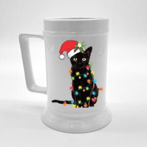 Black Cat Santa Tangled Up In Christmas Lights Gift Beer Stein