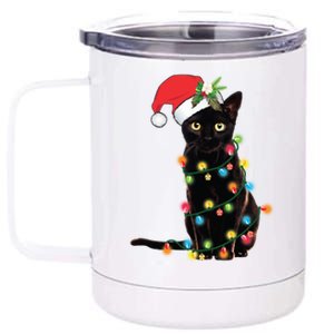 Black Cat Santa Tangled Up In Christmas Lights Gift 12 oz Stainless Steel Tumbler Cup