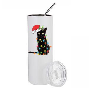 Black Cat Santa Tangled Up In Christmas Lights Gift Stainless Steel Tumbler