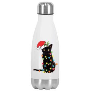 Black Cat Santa Tangled Up In Christmas Lights Gift Stainless Steel Insulated Water Bottle