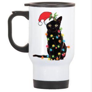 Black Cat Santa Tangled Up In Christmas Lights Gift Stainless Steel Travel Mug