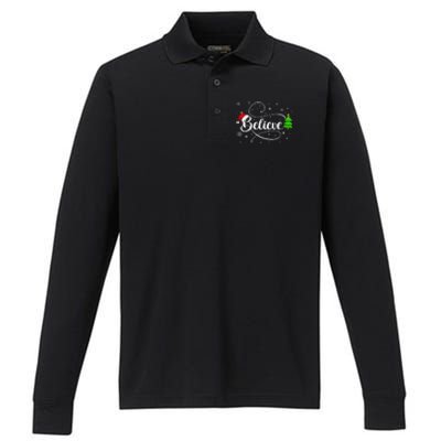 Believe Christmas Santa Holiday Performance Long Sleeve Polo