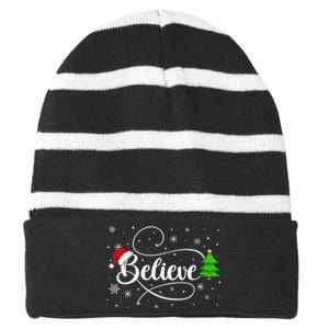 Believe Christmas Santa Holiday Striped Beanie with Solid Band