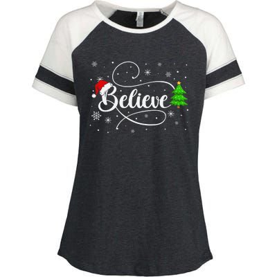 Believe Christmas Santa Holiday Enza Ladies Jersey Colorblock Tee