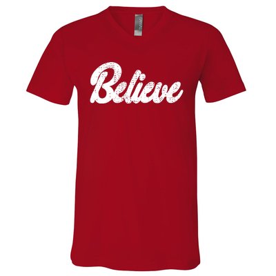 Believe Christmas Santa Holiday Vintage Retro V-Neck T-Shirt