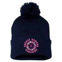 Breast Cancer Survivor Pink Ribbon Pom Pom 12in Knit Beanie