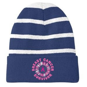 Breast Cancer Survivor Pink Ribbon Striped Beanie with Solid Band