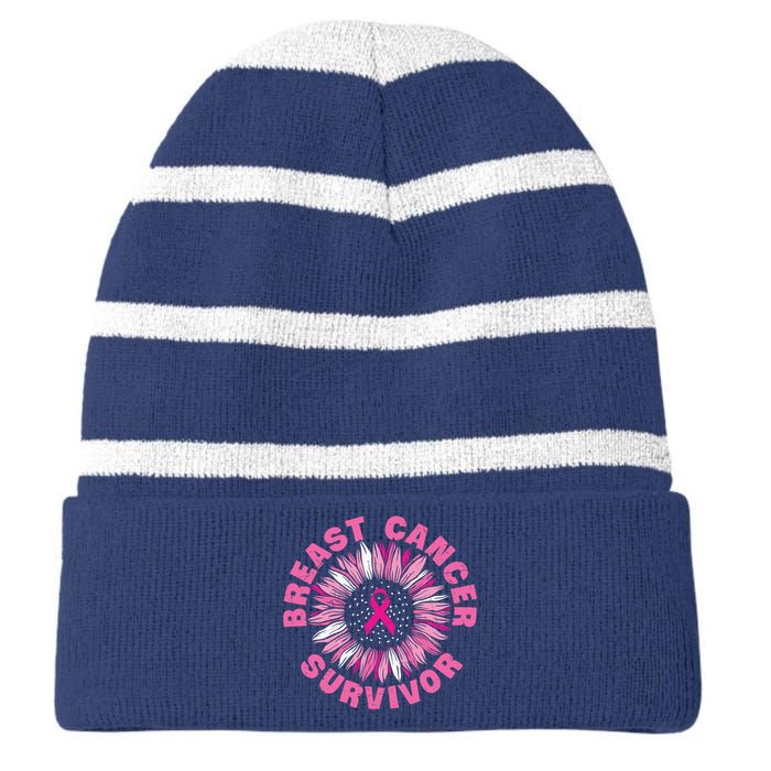 Breast Cancer Survivor Pink Ribbon Striped Beanie with Solid Band