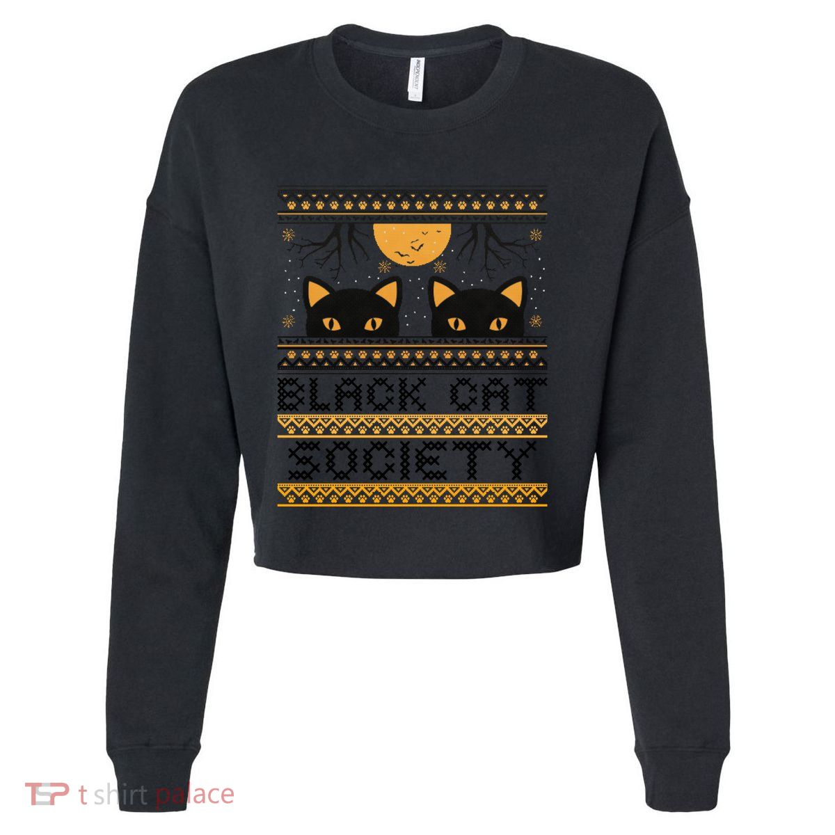 Black Cat Society Halloween Ugly Sweater Cropped Pullover Crew