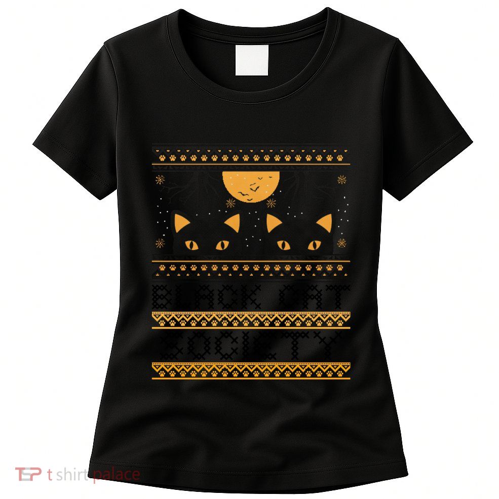 Black Cat Society Halloween Ugly Sweater Womens T-Shirt