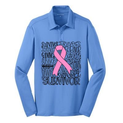 Breast Cancer Survivor Fighter Pink Ribbon Strong Silk Touch Performance Long Sleeve Polo