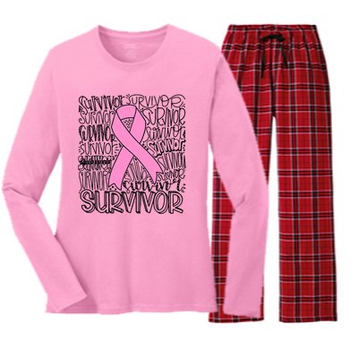 Breast Cancer Survivor Fighter Pink Ribbon Strong Women's Long Sleeve Flannel Pajama Set 