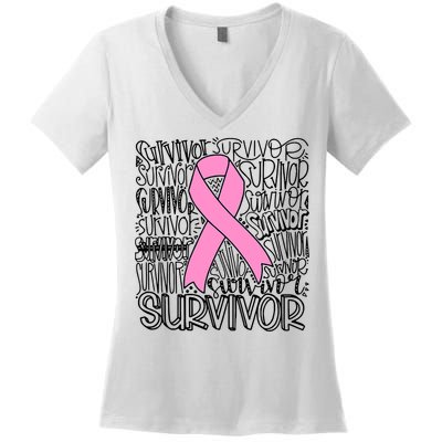 Breast Cancer Survivor Fighter Pink Ribbon Strong Women's V-Neck T-Shirt