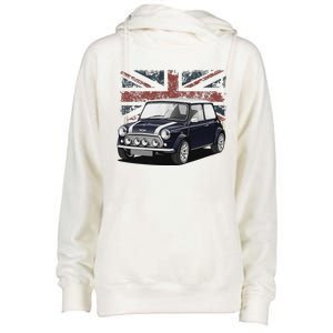 British Classic Sports Mini Car With Flag Womens Funnel Neck Pullover Hood