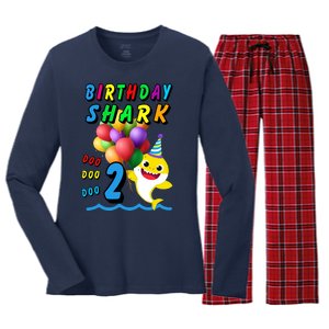 Baby Cute Shark Birthday Boy 2 Year Old Women's Long Sleeve Flannel Pajama Set 