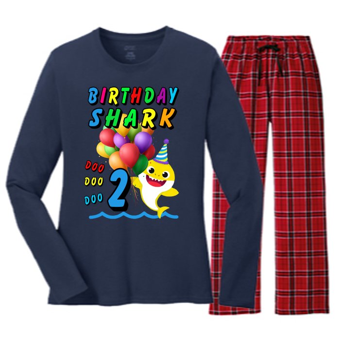 Baby Cute Shark Birthday Boy 2 Year Old Women's Long Sleeve Flannel Pajama Set 