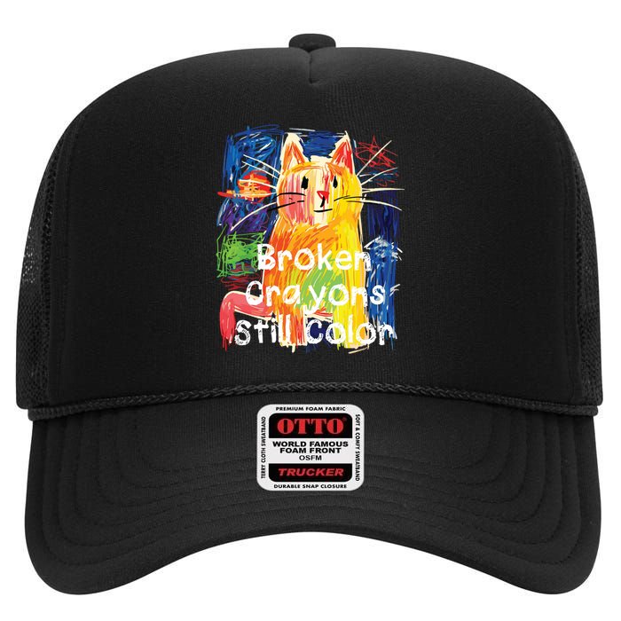 Broken Crayons Still Color Cat Teacher High Crown Mesh Back Trucker Hat