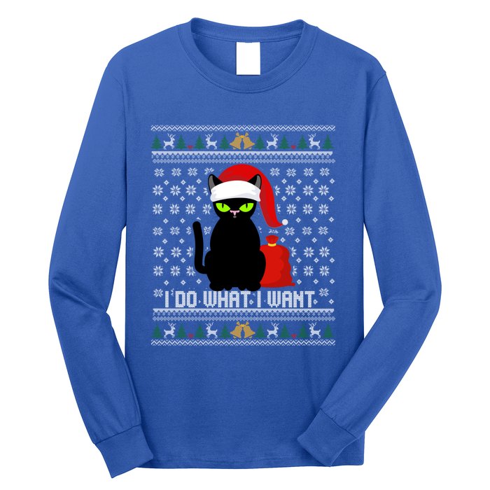 Black Cat Santa Hat I Do What I Want Ugly Christmas Cool Gift Long Sleeve Shirt