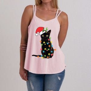 Black Cat Santa Tangled Up In Christmas Lights Cool Gift Women's Strappy Tank