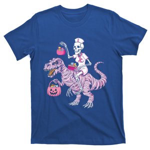 Breast Cancer Skeleton Riding Mummy Dinosaur T Rex Halloween Gift T-Shirt