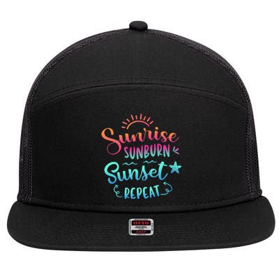 Beach Camping Sunrise Sunburn Sunset Repeat Summer Vacation 7 Panel Mesh Trucker Snapback Hat