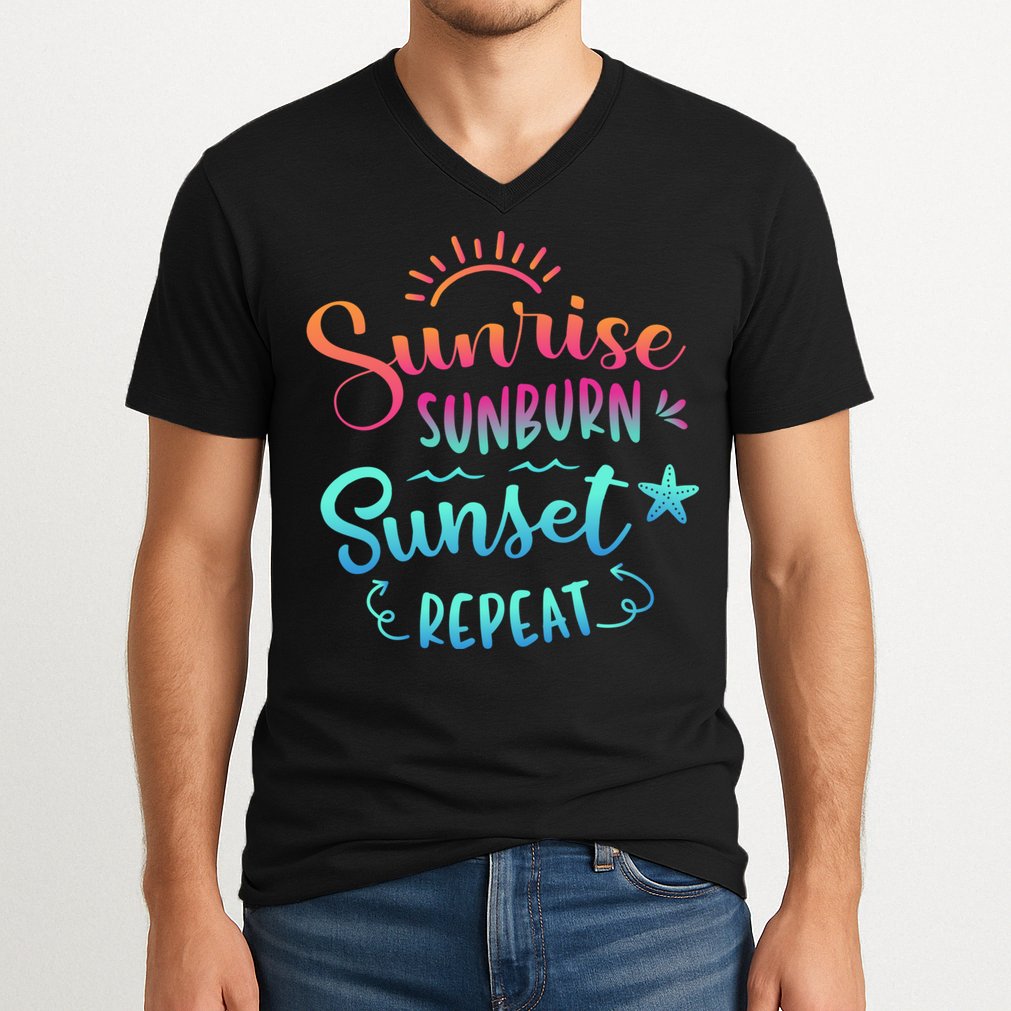 Beach Camping Sunrise Sunburn Sunset Repeat Summer Vacation V-Neck T-Shirt