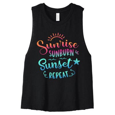 Beach Camping Sunrise Sunburn Sunset Repeat Summer Vacation Women's Racerback Cropped Tank