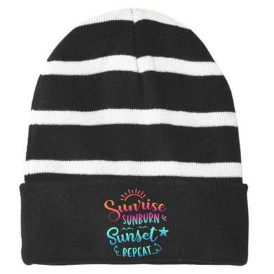 Beach Camping Sunrise Sunburn Sunset Repeat Summer Vacation Striped Beanie with Solid Band