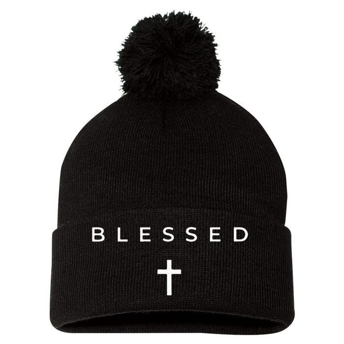 Blessed Cross Subtle Christian Minimalist Religious Faith Pom Pom 12in Knit Beanie