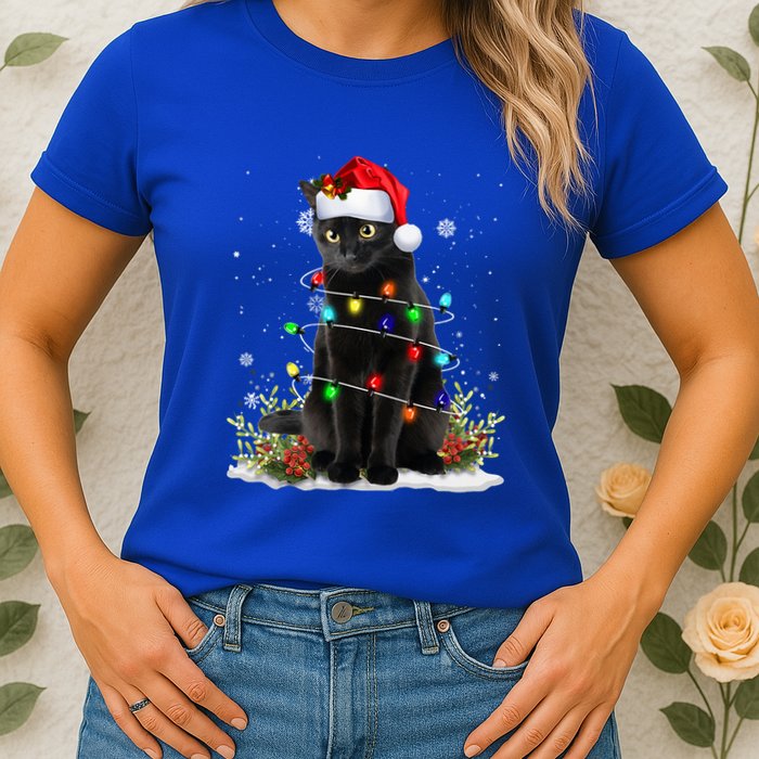 Black Cat Santa Christmas Family Matching Pajamas Xmas Womens T-Shirt