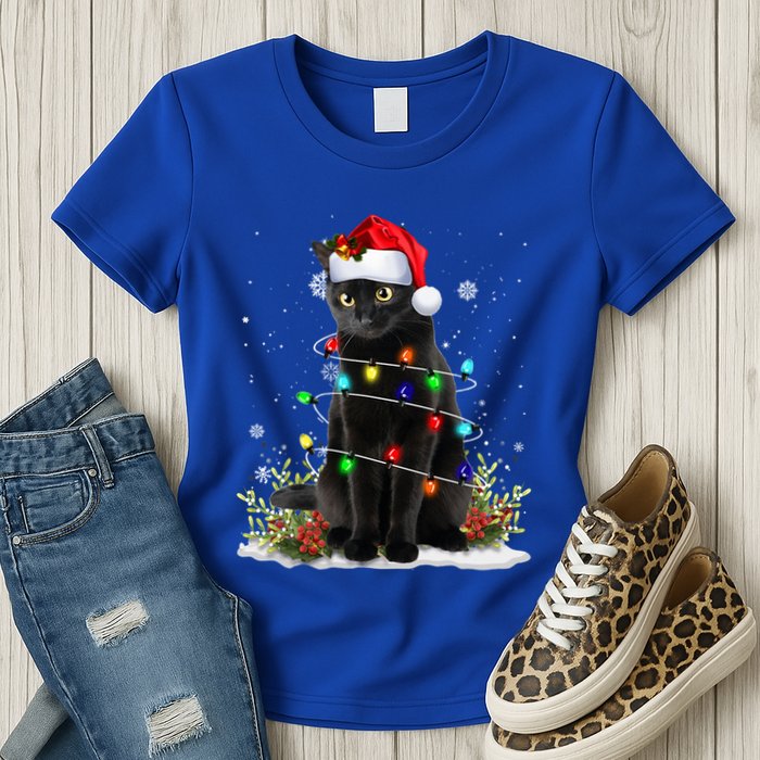 Black Cat Santa Christmas Family Matching Pajamas Xmas Womens T-Shirt