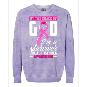 Breast Cancer Survivor Ribbon By The Grace God IM A Survivor Gift Colorblast Crewneck Sweatshirt