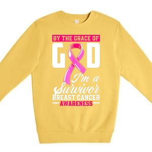 Breast Cancer Survivor Ribbon By The Grace God IM A Survivor Gift Premium Crewneck Sweatshirt