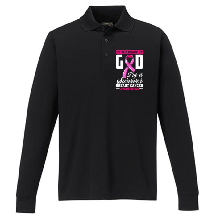 Breast Cancer Survivor Ribbon By The Grace God IM A Survivor Gift Performance Long Sleeve Polo